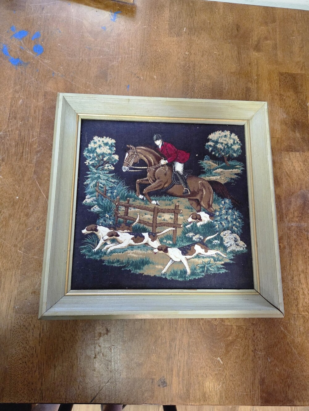 Vintage Fox Hunt Needlepoint Framed Art, Traditional Equestrian Horse & Hounds T